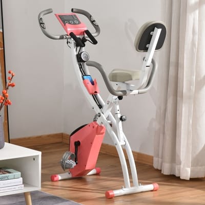 MEUNIQ Hometrainer X-Bike 2-in-1 met LCD-display, hartslagmeter, 8 niveaus magnetische weerstand, inklapbaar fitnessfiets met spannkoorden en verstelbare zitting Roze/Wit