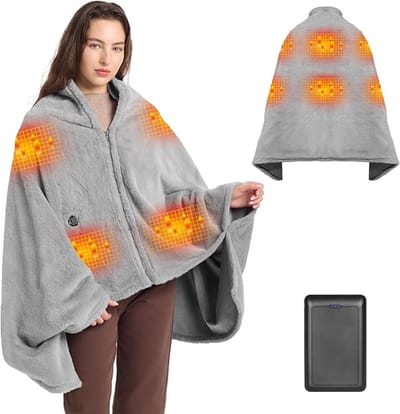 Elektrische Deken Draadloos 160×90 cm – Met 16.000 mAh Accu – 6 Verwarmingszones, 3 Warmtestanden (ca. 40–65 °C) – Snelle Opwarming (±5 s) – Wasbaar Flanel – Met Ritssluiting voor Draagcomfort