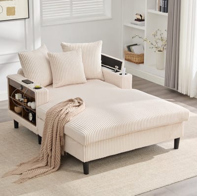 HAUSS SPOLE Chaise Longue - Loungesofa Met Led, Usb, Opbergruimte En Bekerhouders - Voor Woonkamer En Balkon - Cordfluweel Beige