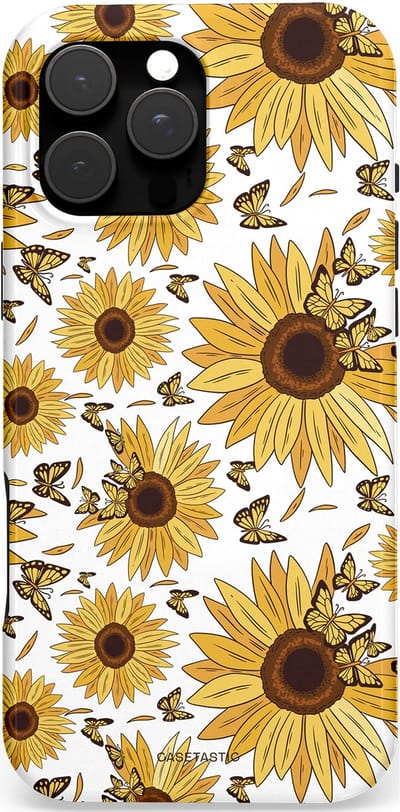 Casetastic Hoesje Geschikt voor Apple iPhone 16 Pro Max Magsafe - Stijlvolle Beschermende Duo-layer Case - Zonnebloem Zomer met vlinders