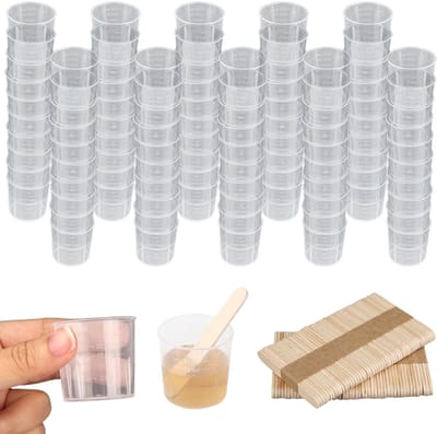 Mengbekers, 30ML mini maatbeker met 100 stuks houten stokjes, transparante kleurmengbekers voor hars, beits, epoxy en verf