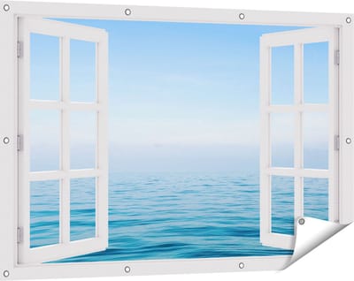 Gards Tuinposter Doorkijk Zee met een Blauw Hemel Achtergrond - 120x80 cm - Tuindoek - Tuindecoratie - Wanddecoratie buiten - Tuinschilderij