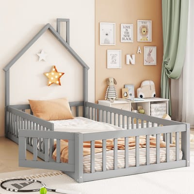 COVREO Kinderbed met schoorsteen – 90x200 cm – Huisbed met lattenbodem en veiligheidshek – Bed voor kinderkamer – Grijs - zonder matras