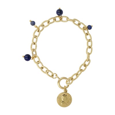 My Bendel - Schakelarmband Goudkleurig met Muntbedel en Sodalite Edelsteen - Goudkleurige Schakelarmband met Sodalite Kralen - met Luxe Cadeauverpakking | Sieraden Voor Dames