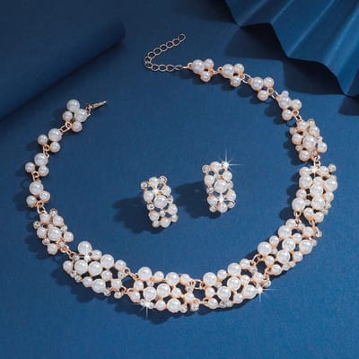 Ensemble de Bijoux 3 Pièces Mode Femme Saison de Mariage Collier Boucles d'Oreilles Perle d'Imitation Adapté pour les Fêtes de Mariage et Cadeaux de Festival blue