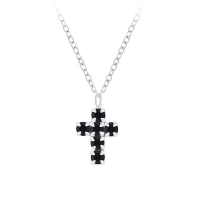 Joy|S - Zilveren ketting met kruisje hanger (5 x 7 mm) - kristal zwart
