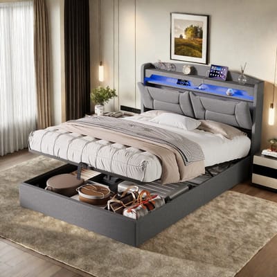 Tweepersoonsbed 140x190 cm Lichtgrijs met Hydraulische Opbergruimte, LED-hoofdbord, USB en Stoffen Bekleding