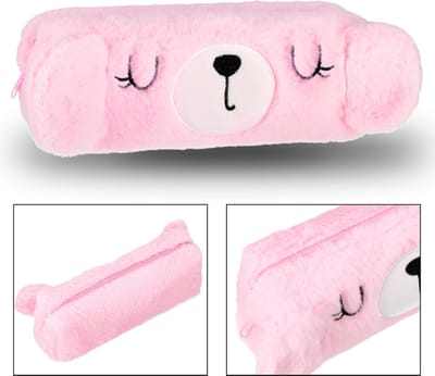 Roze pluche etui voor meisjes met rits 23x8x5cm