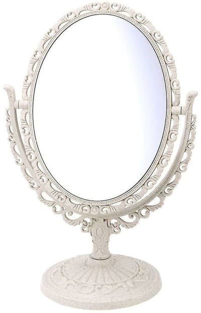 YAGXIG Spiegel - Ovale retro make-upspiegel voor op het bureau - 360° draaibare, dubbelzijdige vergrotende spiegel (beige)