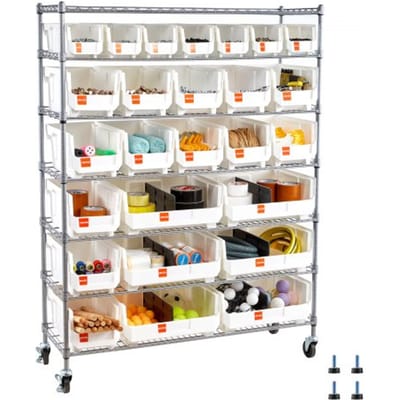 VEVOR vrijstaande opbergkast, opbergrek met 7 niveaus en 26 stapelbare dozen, boekenplank, keukenrek op wielen, verrijdbaar opbergrek voor garage, magazijn, kantoor, restaurant, klaslokaal, keuken, 355x1110x1480 mm