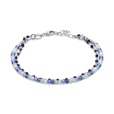 New Bling 9NB-1350 Zilveren Armbandje met Kristal Steentjes - Dubbele Armbandje - 2-in-1 - Kralen - 3mm - 3,5mm - 7mm - 17+3cm - Rhodium - Zilver