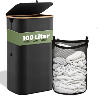 Nince Wasmand - 1 Vak - 100L - Met Deksel - Wassorteerder - Uitneembare Waszakken - Bamboe - Opvouwbaar - Zwart