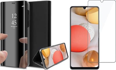 Hoesje geschikt voor Samsung A42 en Screenprotector - Spiegel Book Case Cover Hoes Zwart + Screen Protector Glas