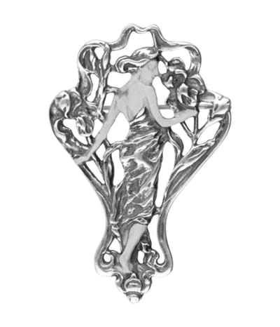 Zilveren Vrouw kijkt achterom Art Nouveau Jugendstil XL hanger en broche