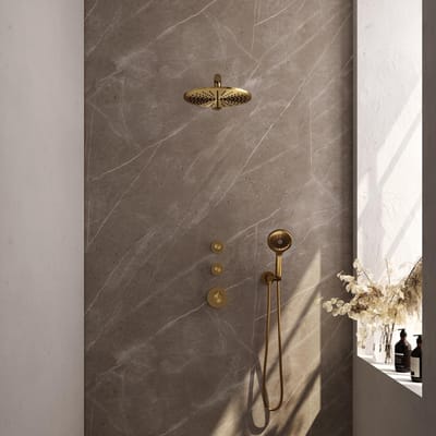 Brauer Gold Edition Thermostatische Regendoucheset Inbouw - Hoofddouche 30 cm - Rechte Wandarm - Handdouche 3 Standen - Doucheslang - Wandaansluitbocht - Geborsteld Goud