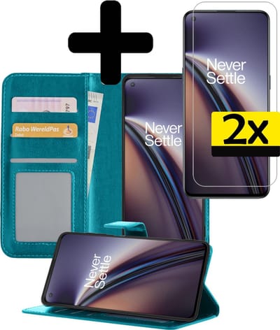 Hoesje - Met 2x Screenprotector - Geschikt voor OnePlus Nord CE - Luxe Pasjeshouder - Bookcase Portemonee - Flip Case - Kunstleer Book Case - Flipcase Hoes - Book Cover - Walletcase - Portemonneehoes - Telefoonhoesjes - Turquoise