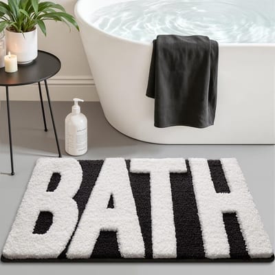 Antislip badkamermat met rubberen antislip laag aan de achterzijde, extra zachte absorberende badmat, wasbaar in de machine, moderne stijl, sneldrogend, geschikt voor douches, badkuipen en wastafels, afmetingen: 40 x 60cm met tekst in zwart en wit