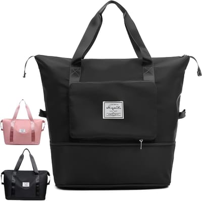 Vouwbare Reistas met Grote Capaciteit, Uitbreidbare Weekendtas met Vochtzak en Schoencompartiment, Ideaal voor Vrouwen, Sport en Vakantie, Zwart, 40 * 30 * 21cm (25L)