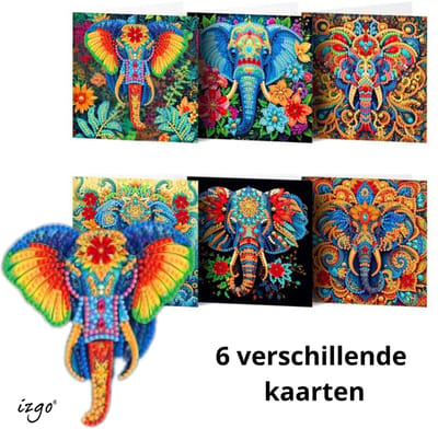 IZGO Diamond Painting Kaarten – 6 Wenskaarten met envelop - Zonder Tekst - Volwassenen – Volledig Hobby Pakket - Diamant schilderen - Kleurrijke olifant