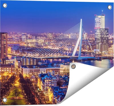 Gards Tuinposter Rotterdamse Skyline met de Erasmusbrug - 50x40 cm - Tuindoek - Tuindecoratie - Wanddecoratie buiten - Tuinschilderij