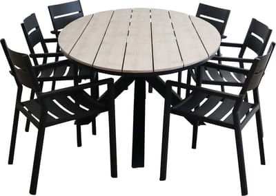 7-delige tuinset | 6 Delia stapelbare tuinstoelen (Black) | 220cm ovale Cyprus tuintafel (Wood)