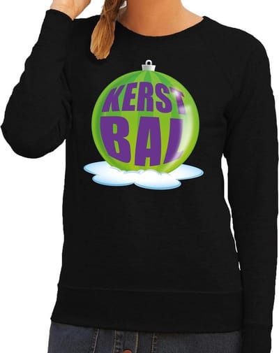 Foute kersttrui kerstbal groen op zwarte sweater voor dames - kersttruien XS