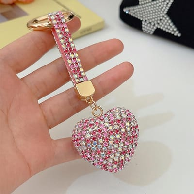 Porte-clés en alliage de strass pour femme, porte-clés de luxe multicolore en forme de cœur, pendentif pour sac à main, porte-clés créatif, cadeau rose clair