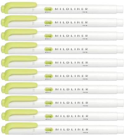 Zebra Mildliner -Sided Highlighter - Fine / Bold – Mild Citrus Green Set van 10 + een Luxe Zipperbag - WKT7-MCG