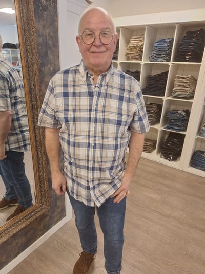 Chris Cayne heren overhemd korte mouw - maat M - met borstzak - kleur blauw/zand - ruit dessin - 100 % Katoen - slub garen - shirt heren - shirt M - borstzak