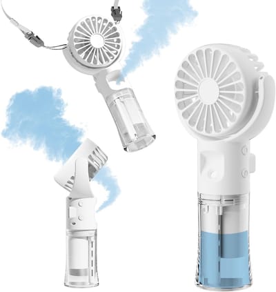 Hand Vernevelventilator - Oplaadbare Accu - 4 Snelheden - 55ml Watertank - 360° Draaibaar - Wit - Voor Reizen - Kamperen - Buiten