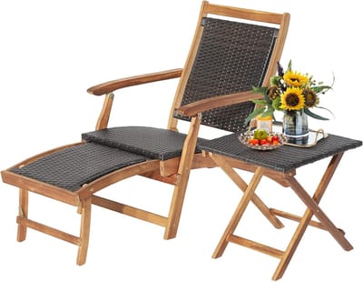 KOMFOTTEU Klapstoel met ligfunctie, rotan ligstoel met klaptafel, intrekbare tuinstoel met bijzettafel, inklapbare ligstoel van houten frame voor tuin, terras, balkon
