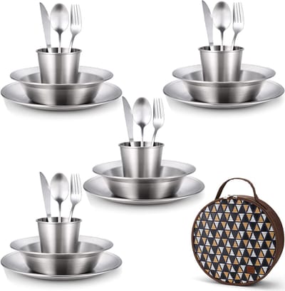 Unyqoos ® Complete 25-delige Outdoor Bestekset voor Kamperen en Reizen met Roestvrij Staal, Perfect voor 4 Personen