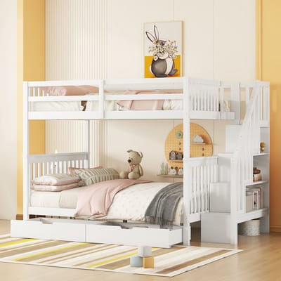MODFU Stapelbed 140x200 cm – Grenenhout en MDF – Met trapkast & 2 lades – EN747 – Wit