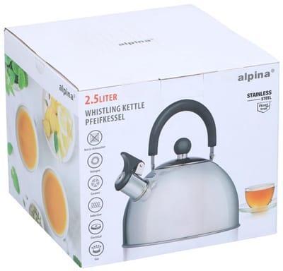 alpina Fluitketel 2,5L - Roestvrijstalen Waterketel met Fluit - Water- en Theekan voor alle Warmtebronnen - Zilver