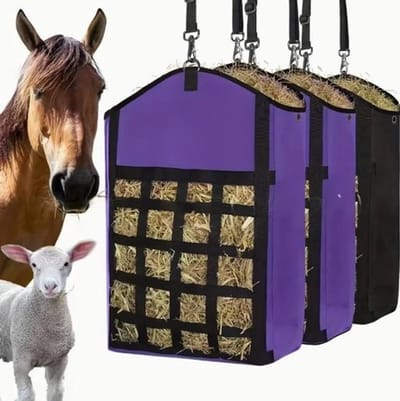 3 stuks - hooizakken voor paarden - voerzakken - hooivoerzakken - slowfeed hooizakken voor geiten, schapen, ezels - met hooinet aan de voorkant - eenvoudig te vullen en op te hangen - brede opening (2 paars en 1 zwart)