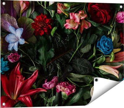 Gards Tuinposter Kleurrijke Bloemen met Groene Bladeren - 80x60 cm - Tuindoek - Tuindecoratie - Wanddecoratie buiten - Tuinschilderij