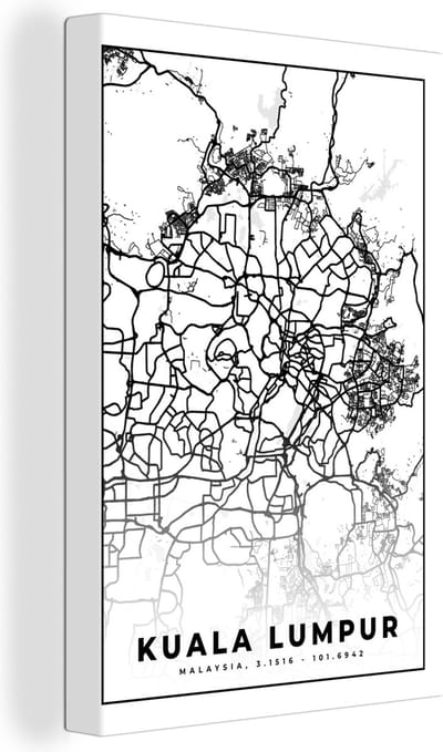 Canvas Schilderij Kuala Lumpur - Kaart - Stadskaart - Plattegrond - Zwart Wit - 20x30 cm - Wanddecoratie
