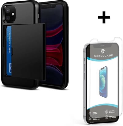 ShieldCase Kaarthouder case met slide geschikt voor Apple iPhone 12 Mini - hoesje met ruimte voor pasjes - pasjeshouder - hardcase - zwart + glazen Screen Protector