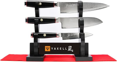 Yaxell Super Gou Ypsilon Messenset – 4-delig – Katana Display met 3 Messen – 193 Lagen Damaststaal – SG2 Staal – 63 HRC – Canvas-Micarta Heft – Japan