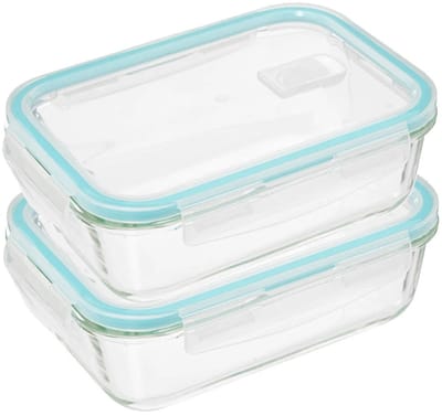5Five Vershoudbakje met deksel - 2x - glas - luchtdicht - met clips - 21 x 15 x 7 cm - 1180 ml