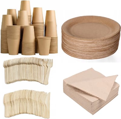 500 stuks x Houten wegwerp bestek set eco/milieubewust - 100 kartonnen borden 23cm + 100 kartonnen bekers 240ml+ 100 Vorken 16cm+100 messen 16cm+ 100 bio servetten 33x33cm