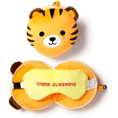 Relaxeazzz Tijger knuffel/reiskussen/slaapmasker - 2-in-1 set - voor kinderen- in vliegtuig of auto