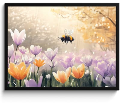 Poster in lijst - Fotolijst 70x50 cm - Posters - Viooltjes - bij - Zonlicht - Posterlijst zwart - Decoratie - Wanddecoratie woonkamer - Muurdecoratie slaapkamer