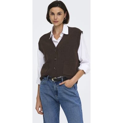 Jacqueline de Yong bruine dames vest   V-hals   Regular fit   Steekzakken   Gemeleerd patroon   Knoopsluiting   Duurzaam   Lange mouw Bruin M