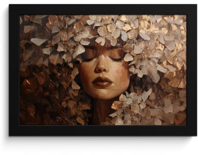 Poster in lijst - Fotolijst 30x20 cm - Posters - Gezicht - Vrouwe - Bladeren - Penseelstreken - Posterlijst zwart - Decoratie - Wanddecoratie woonkamer - Muurdecoratie slaapkamer