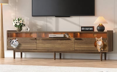 TV-meubel - tv kast met LED-verlichting, kattenhuis/kattenhol, opbergruimte, glazen deuren, lade, kabelgaten, verhoogde poten, walnootkleur notenhout look, mediameubel voor woonkamer - 180x40x50 cm