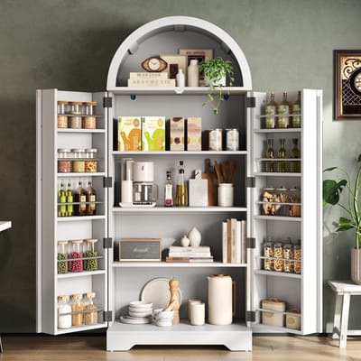 REDOM - Vitrinekast - Elegant boogdesign - Open bovenvakken en deurvakken - Moderne landelijke stijl - Keuken en eetkamer - MDF - Wit - 70 x 40 x 165 cm