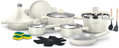 Swiss Haus® GPC3020CR Pannenset Inductie - 20 Delige Pannensets - PFAS Vrij - Incl. Koekenpan, Kookpotten, Steelpan, Snelkookpan, Stoommand & Tajine - Geschikt Voor Alle Warmtebronnen - Complete Kookset met Keramische Antiaanbaklaag - Creme