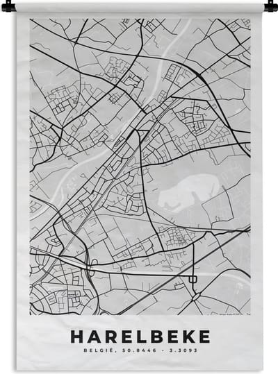 Wandkleed - Wanddoek - Plattegrond – Harelbeke – Zwart Wit – Stadskaart - Kaart - 120x180 cm - Wandtapijt