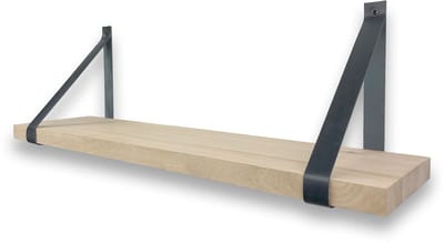 Eiken wandplank massief recht 60 x 25 cm met leren riemen zwart - Eikenhouten wandplank - Wandplank - Leren plankdragers - Fotoplank
